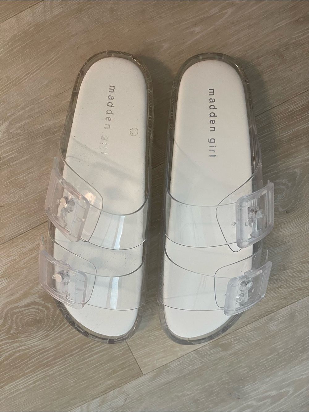 Madden Girl Clear Double-Buckle Slide Sandals - White Insole